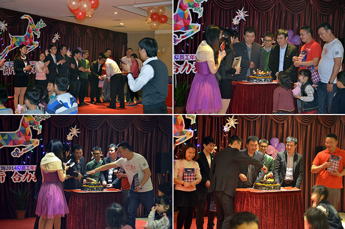 为生日的员工奉上蛋糕，董事长还为寿星们奉上优美礼物